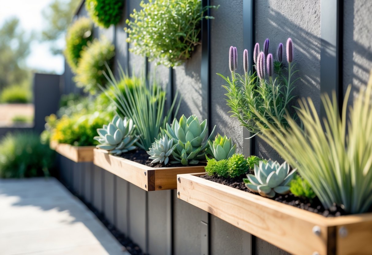 21+ Drought Proof Garden Bed Ideas: Essential Techniques for Thriving US Gardens 17 Vertical wall garden with multiple drought-resistant plants growing in mounted garden beds on an outdoor wall.