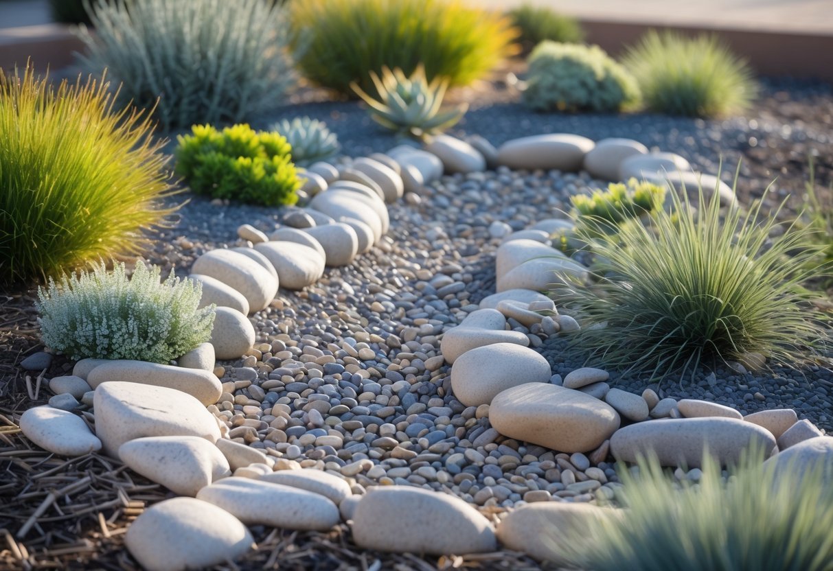 21+ Drought Proof Garden Bed Ideas: Essential Techniques for Thriving US Gardens 18 A dry stream bed garden with river rocks and drought-resistant plants in a sunny outdoor setting.