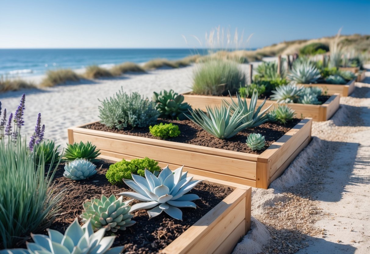 21+ Drought Proof Garden Bed Ideas: Essential Techniques for Thriving US Gardens 19 Raised wooden garden beds filled with drought-tolerant plants near a sandy coastal area with the ocean visible in the background.