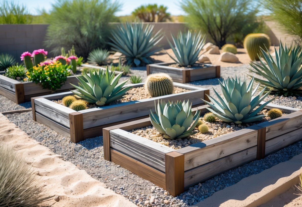 21+ Drought Proof Garden Bed Ideas: Essential Techniques for Thriving US Gardens 20 A desert garden with raised beds containing cacti, succulents, and dry soil under bright sunlight.