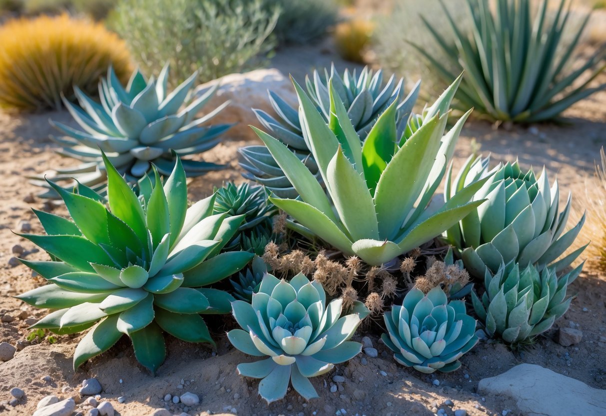 18+ Drought Resistant Plants: Proven Varieties Perfect for US Gardens and Landscapes 2 A variety of drought resistant plants including succulents and desert shrubs growing in dry soil outdoors.