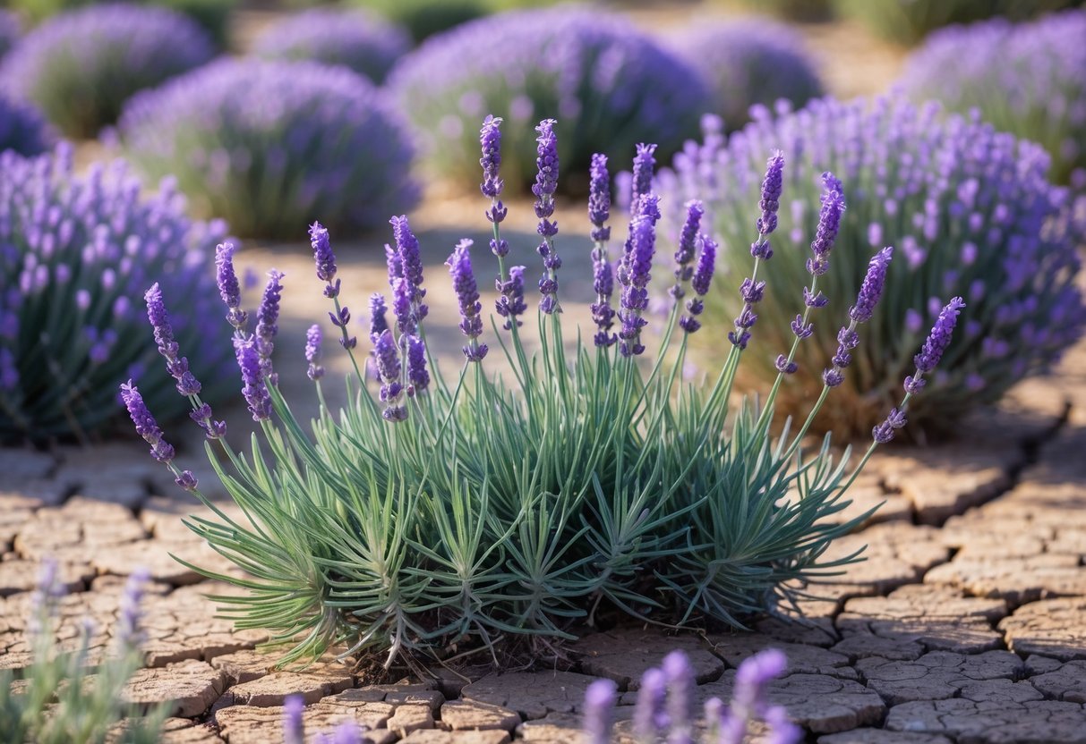 18+ Drought Resistant Plants: Proven Varieties Perfect for US Gardens and Landscapes 3 A cluster of vibrant purple lavender plants growing in dry, cracked soil.