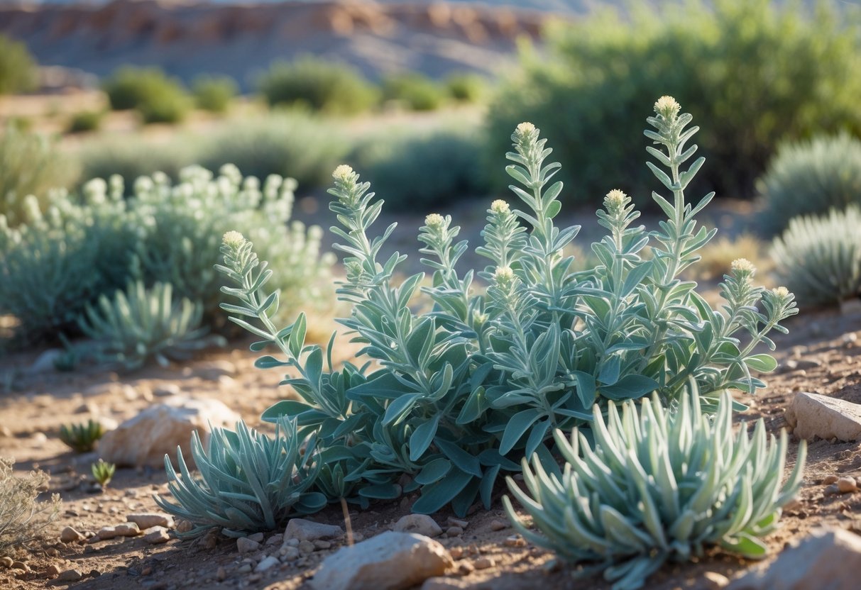 18+ Drought Resistant Plants: Proven Varieties Perfect for US Gardens and Landscapes 4 A group of healthy sage plants with silvery-green leaves growing in dry, rocky soil under sunlight.