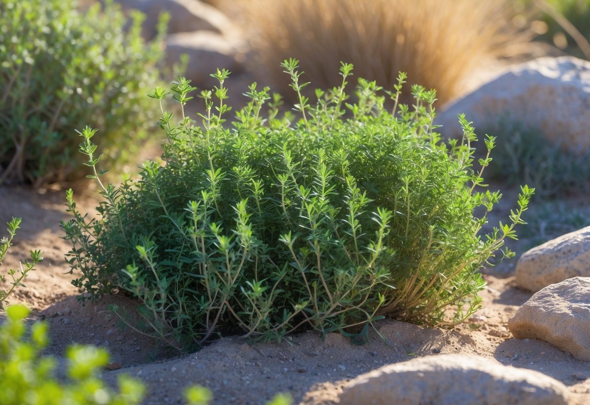 18+ Drought Resistant Plants: Proven Varieties Perfect for US Gardens and Landscapes 5 Close-up of thriving thyme plants growing in dry, sandy soil under sunlight.