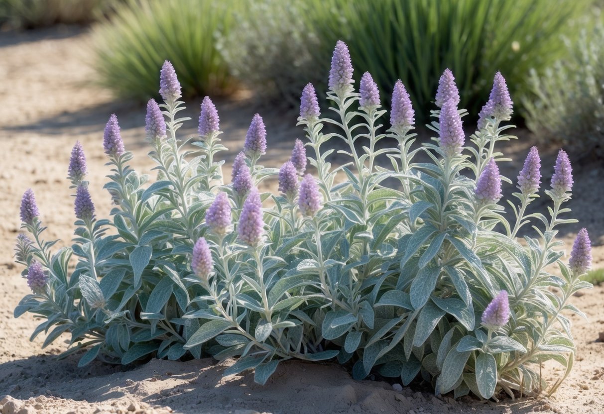 18+ Drought Resistant Plants: Proven Varieties Perfect for US Gardens and Landscapes 6 Cluster of Russian Sage plants with silvery-green leaves and purple flowers growing in dry, sandy soil under bright sunlight.
