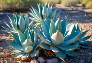 A group of agave plants with thick, spiky leaves growing in dry, rocky soil under sunlight.
