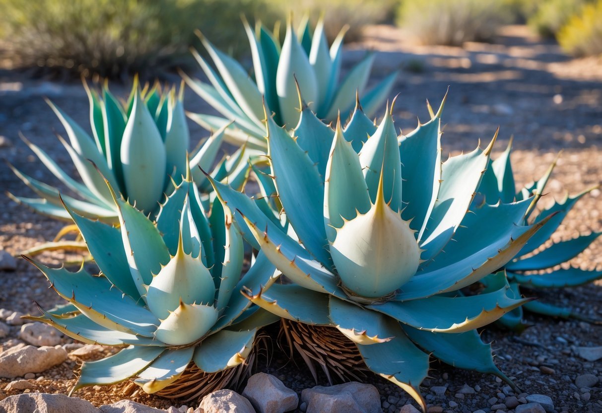 18+ Drought Resistant Plants: Proven Varieties Perfect for US Gardens and Landscapes 8 A group of agave plants with thick, spiky leaves growing in dry, rocky soil under sunlight.
