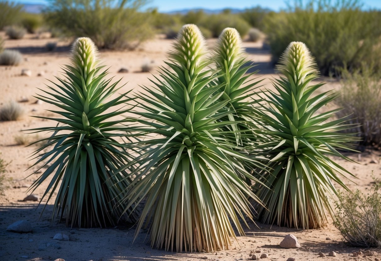 18+ Drought Resistant Plants: Proven Varieties Perfect for US Gardens and Landscapes 9 A group of green yucca plants growing in a dry desert landscape with sandy soil and clear blue sky.