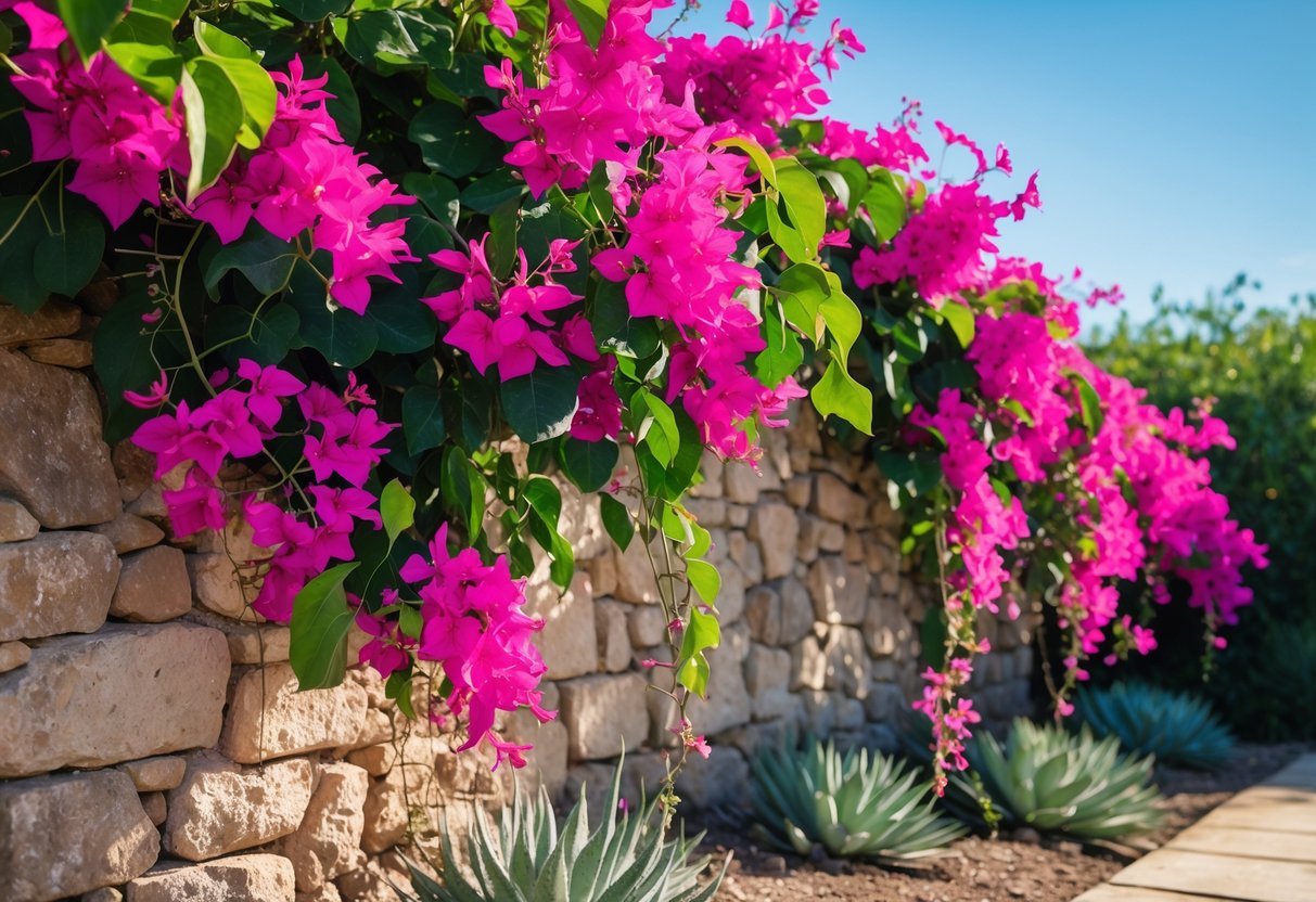 18+ Drought Resistant Plants: Proven Varieties Perfect for US Gardens and Landscapes 11 Bright bougainvillea plants with pink and magenta flowers growing over a stone wall in a dry garden under a clear blue sky.