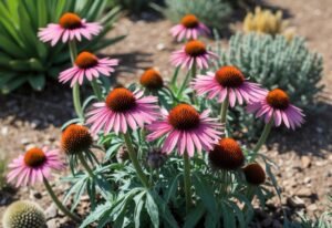 Close-up of vibrant Echinacea flowers growing in dry soil with green leaves in a sunlit garden.