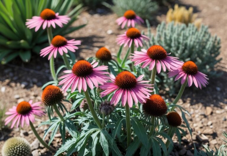 18 Close-up of vibrant Echinacea flowers growing in dry soil with green leaves in a sunlit garden.