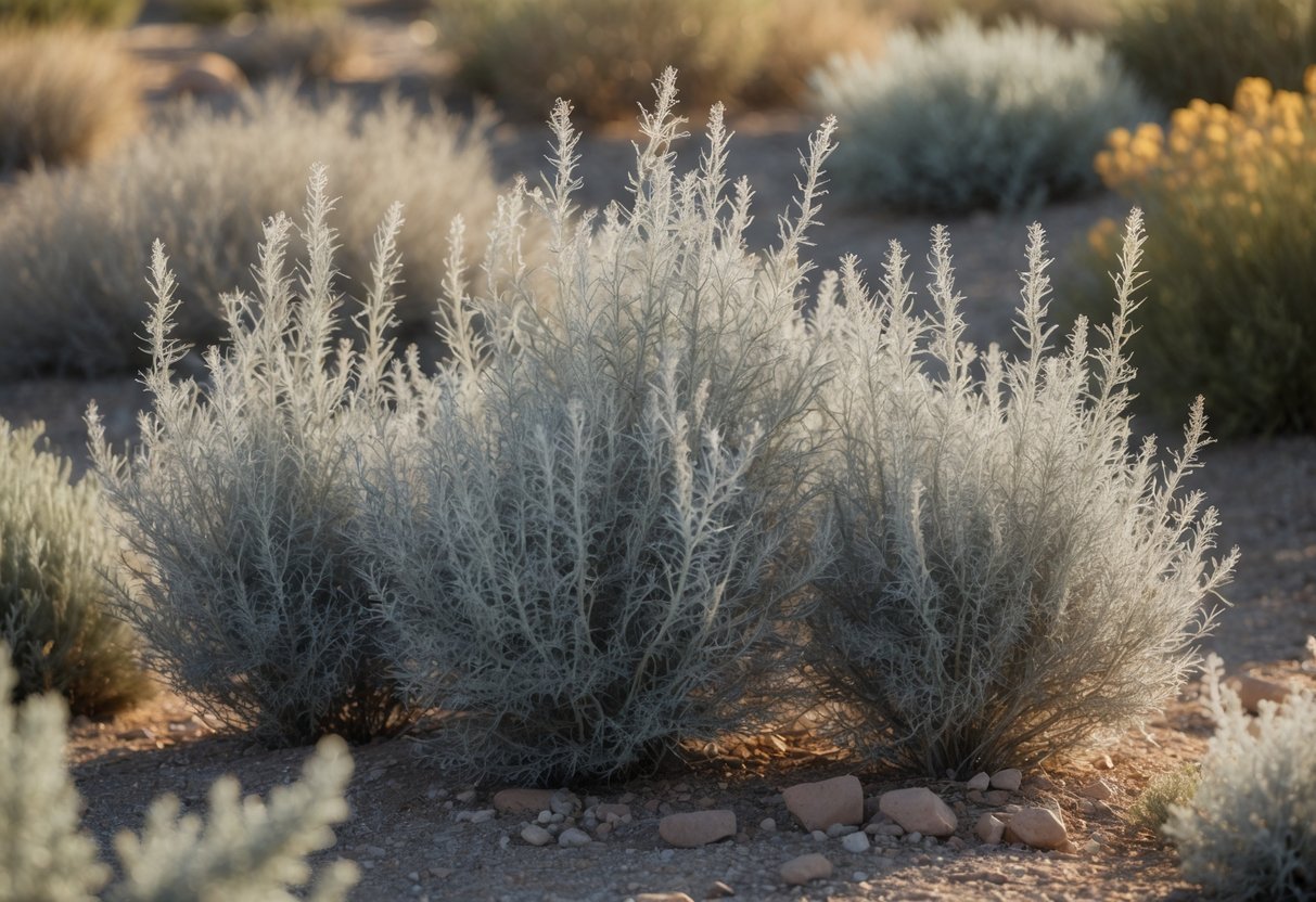 18+ Drought Resistant Plants: Proven Varieties Perfect for US Gardens and Landscapes 14 A group of silvery-gray Artemisia plants growing in dry, rocky soil under warm sunlight.