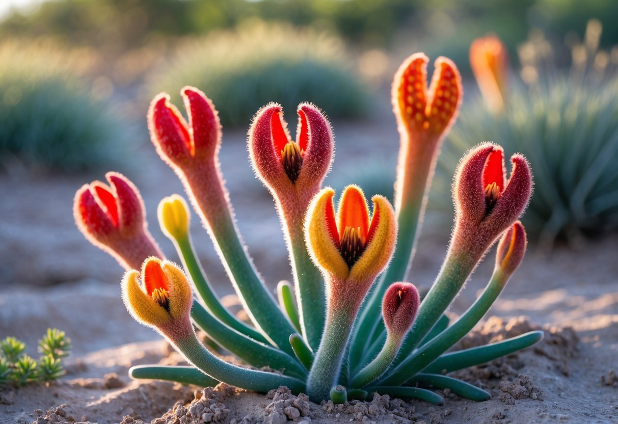 18+ Drought Resistant Plants: Proven Varieties Perfect for US Gardens and Landscapes 17 Close-up of colorful Kangaroo Paw flowers growing in dry, sandy soil.