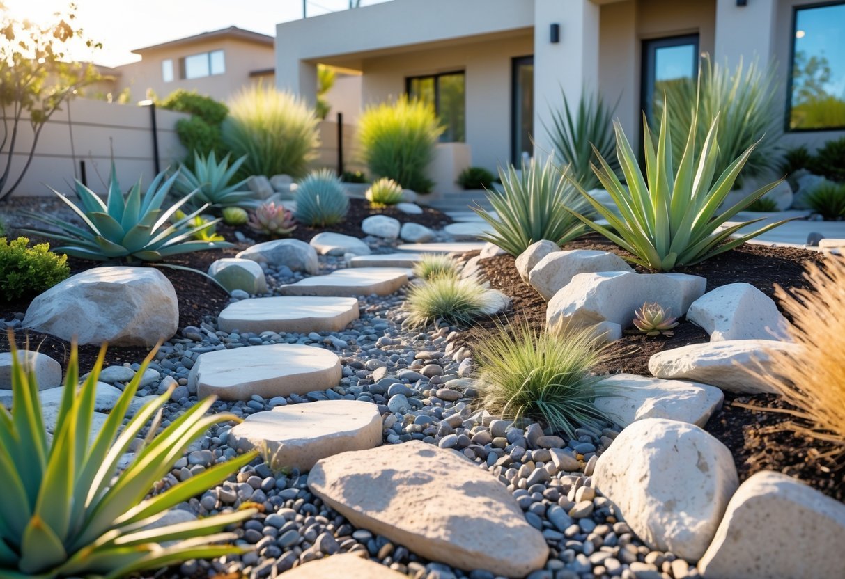 15+ Xeriscape Ideas for US Homeowners to Save Water and Boost Curb Appeal 2 A backyard xeriscape garden with drought-tolerant plants, stone pathways, and decorative rocks near a modern house.