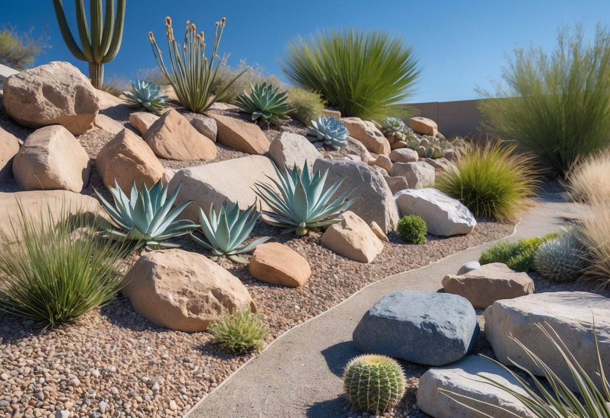15+ Xeriscape Ideas for US Homeowners to Save Water and Boost Curb Appeal 3 A rock garden with various drought-tolerant plants, natural stones, and gravel under a clear sky.