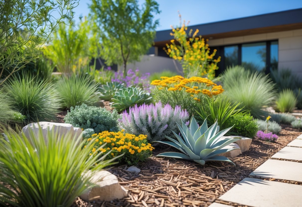 15+ Xeriscape Ideas for US Homeowners to Save Water and Boost Curb Appeal 4 A garden with native drought-tolerant plants, stone pathways, and colorful flowers under a clear blue sky.