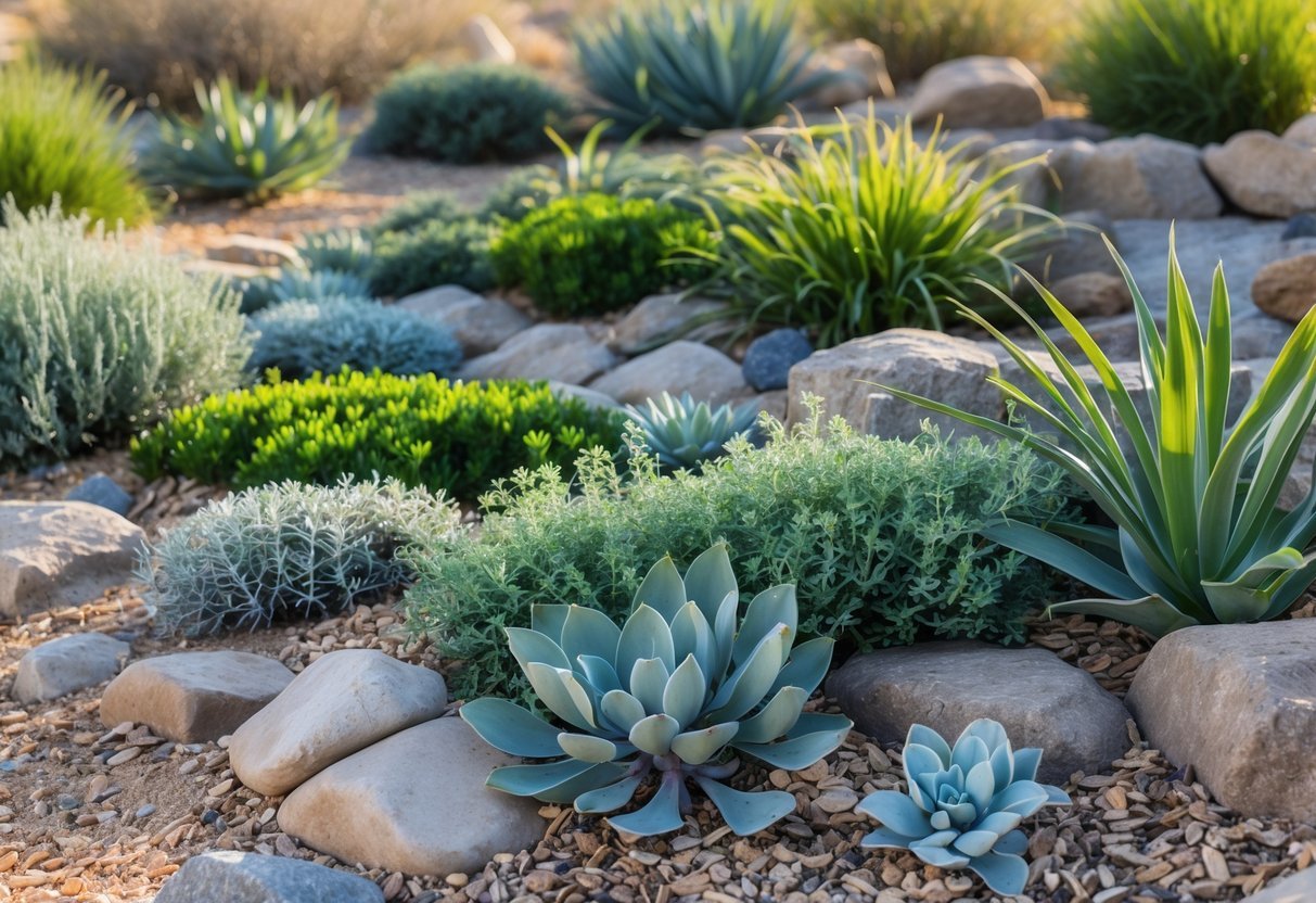 15+ Xeriscape Ideas for US Homeowners to Save Water and Boost Curb Appeal 5 A xeriscape garden with drought-resistant ground cover plants growing over rocky soil under a clear blue sky.