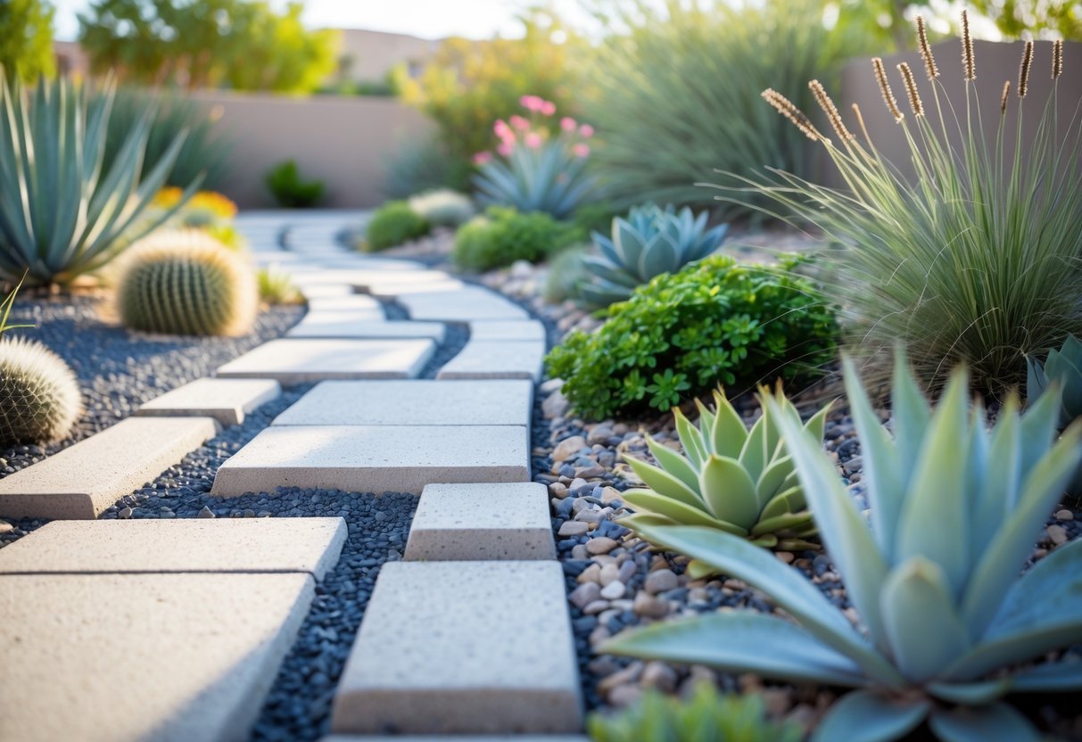 15+ Xeriscape Ideas for US Homeowners to Save Water and Boost Curb Appeal 6 A garden pathway made of permeable paving stones surrounded by drought-tolerant plants and gravel, illustrating water-efficient landscaping.