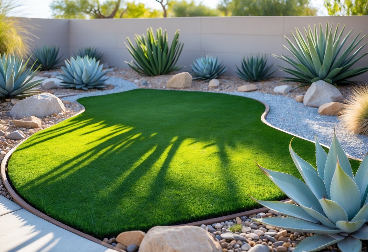 15+ Xeriscape Ideas for US Homeowners to Save Water and Boost Curb Appeal 7 A xeriscape garden with green artificial grass, drought-tolerant plants, rocks, and gravel pathways under bright sunlight.