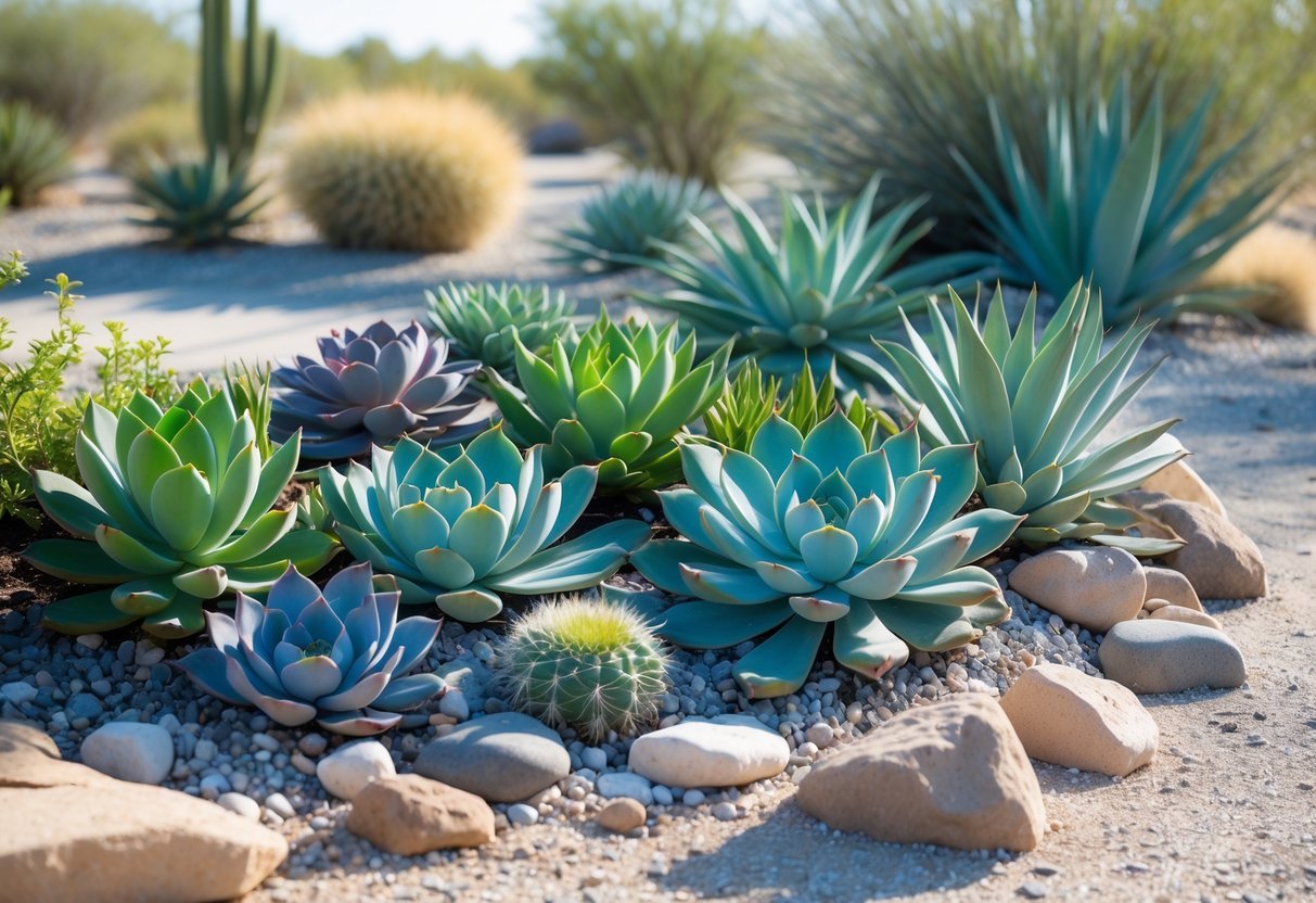 15+ Xeriscape Ideas for US Homeowners to Save Water and Boost Curb Appeal 8 A xeriscape garden with various succulent plants arranged among rocks and gravel in a sunny outdoor setting.