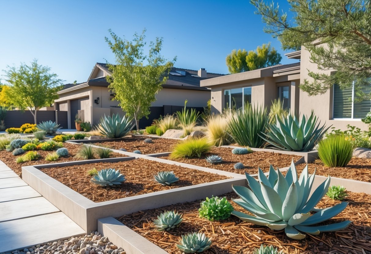 15+ Xeriscape Ideas for US Homeowners to Save Water and Boost Curb Appeal 9 A garden with mulched beds filled with drought-tolerant plants and decorative grasses under a clear sky.