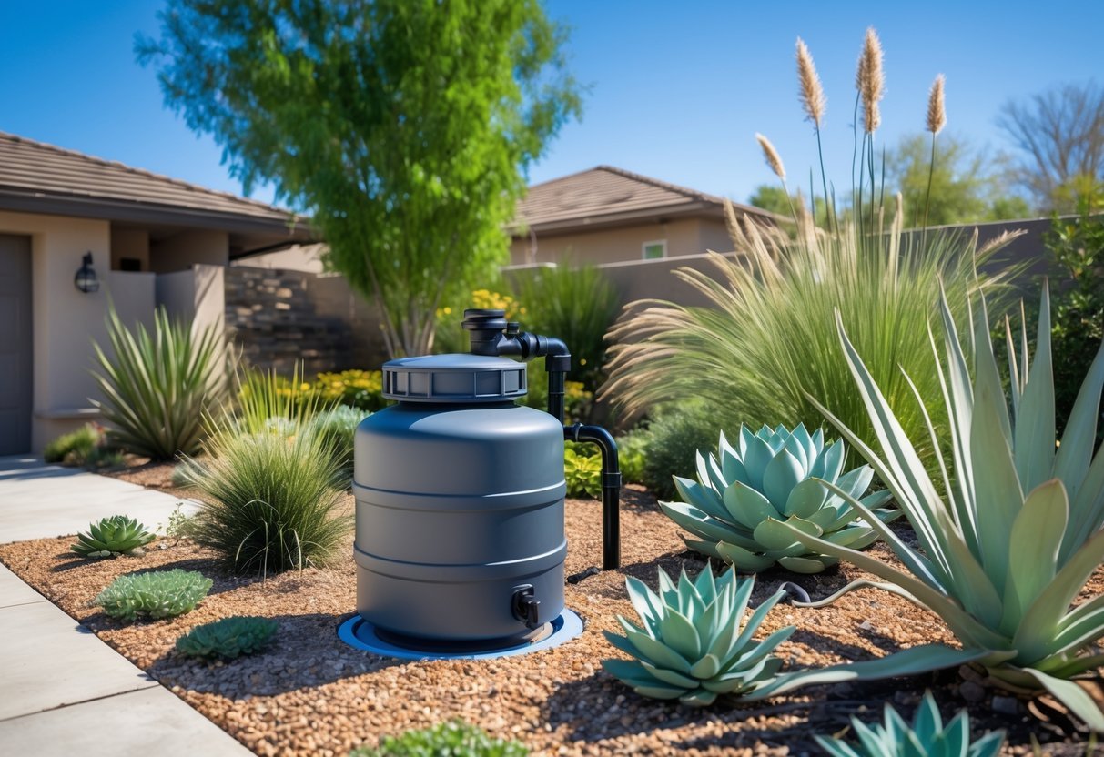 15+ Xeriscape Ideas for US Homeowners to Save Water and Boost Curb Appeal 10 A rainwater harvesting system with a rain barrel surrounded by drought-tolerant plants in a sunny garden.