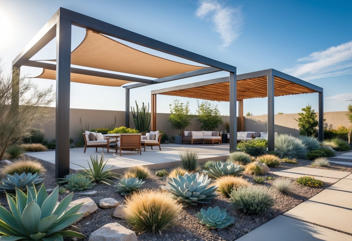 15+ Xeriscape Ideas for US Homeowners to Save Water and Boost Curb Appeal 11 A xeriscape garden with drought-tolerant plants and shade structures including pergolas and shade sails over outdoor seating areas.