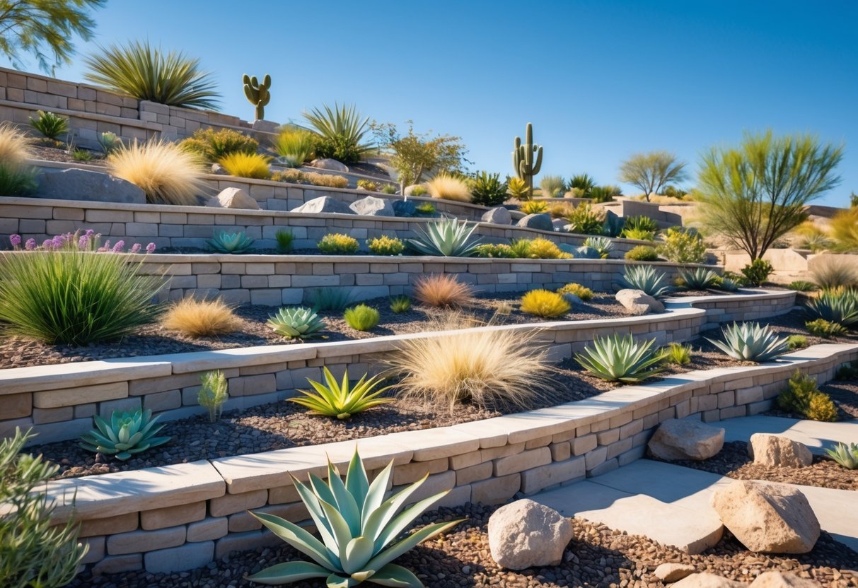 15+ Xeriscape Ideas for US Homeowners to Save Water and Boost Curb Appeal 12 A multi-level terraced garden with stone retaining walls and drought-tolerant plants arranged on each level under a clear blue sky.