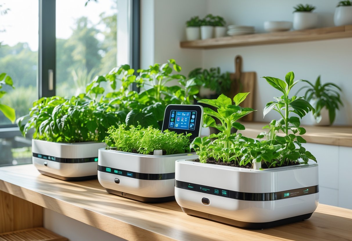 23+ Smart Garden Ideas: Practical Tips for Effortless Indoor and Outdoor Green Spaces 2 Indoor smart garden with green plants in white self-watering pots and LED grow lights on a wooden countertop near a window in a modern kitchen.