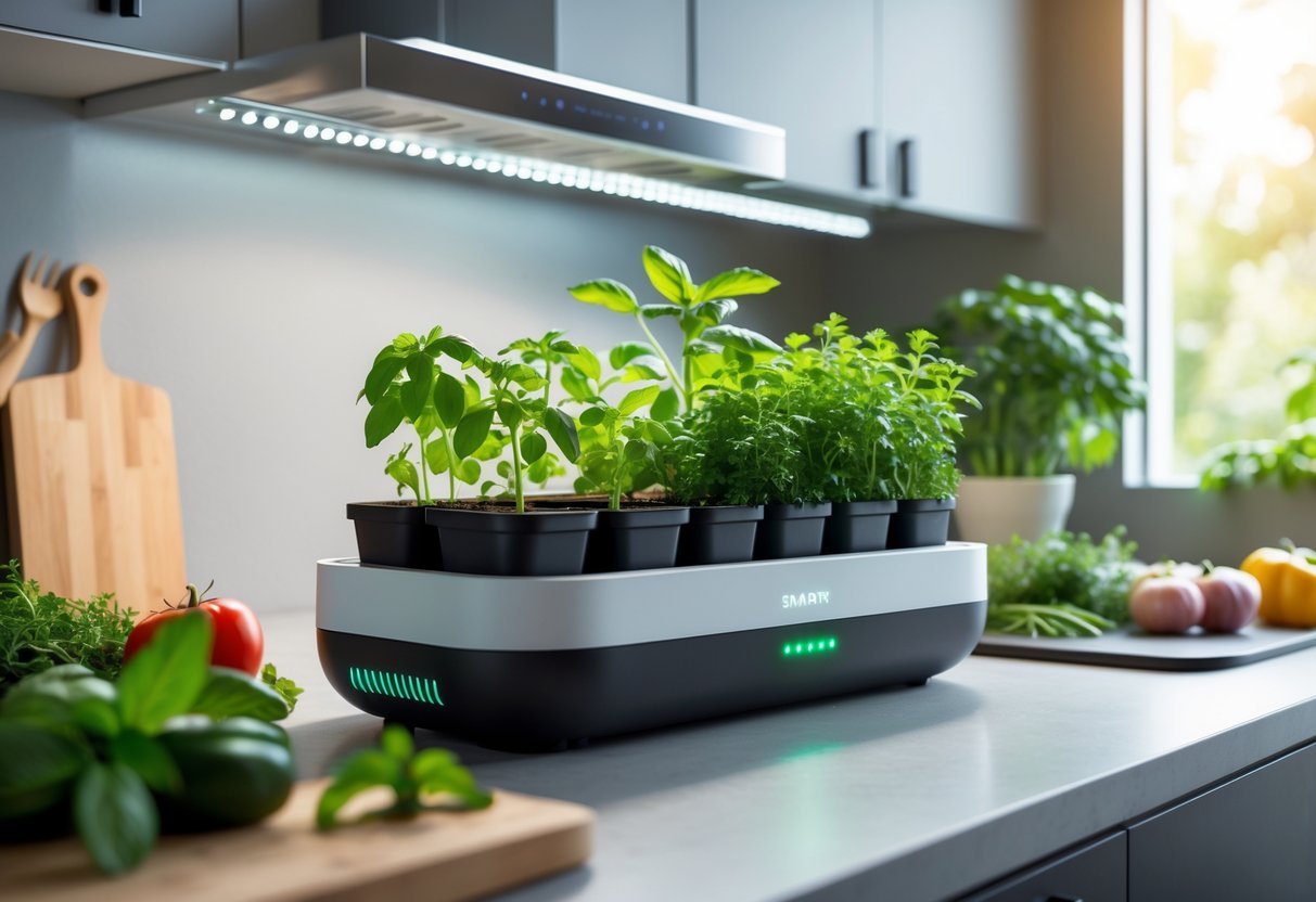 23+ Smart Garden Ideas: Practical Tips for Effortless Indoor and Outdoor Green Spaces 4 Indoor smart herb garden with green herbs growing on a kitchen countertop near a window.