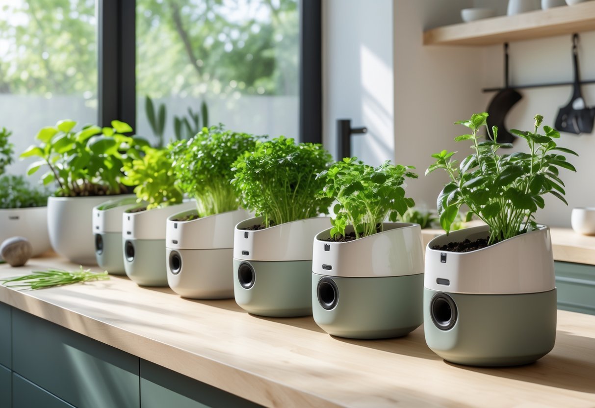 23+ Smart Garden Ideas: Practical Tips for Effortless Indoor and Outdoor Green Spaces 5 Indoor smart garden with several self-watering planters holding green plants on a wooden countertop near a window with sunlight.