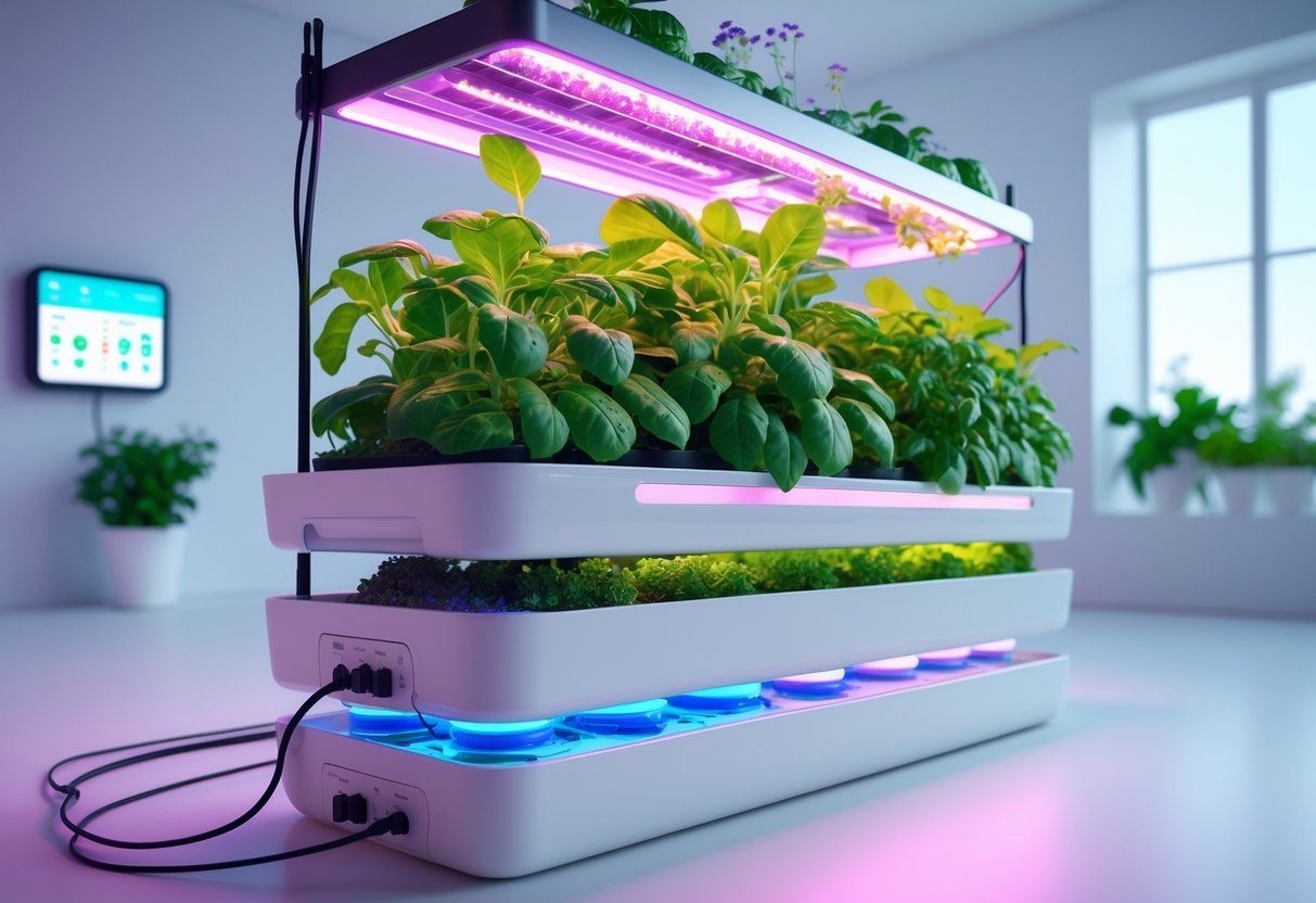 23+ Smart Garden Ideas: Practical Tips for Effortless Indoor and Outdoor Green Spaces 6 Indoor hydroponic garden with green leafy plants growing under LED lights in a modern room.