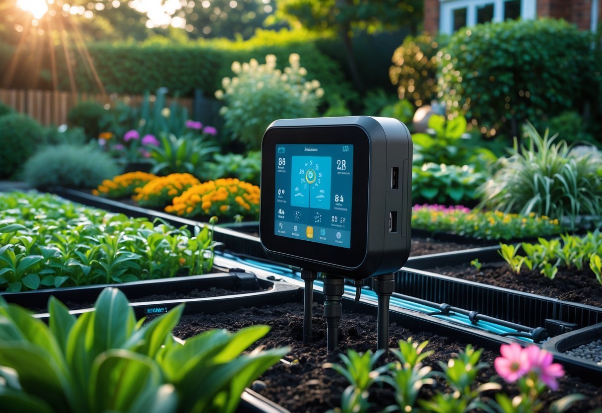 23+ Smart Garden Ideas: Practical Tips for Effortless Indoor and Outdoor Green Spaces 7 A home garden with green plants and flowers being watered by a smart irrigation system featuring a digital controller and irrigation tubes.