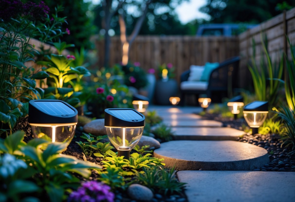 23+ Smart Garden Ideas: Practical Tips for Effortless Indoor and Outdoor Green Spaces 8 A garden pathway lit by modern solar-powered lights surrounded by plants and flowers at twilight.