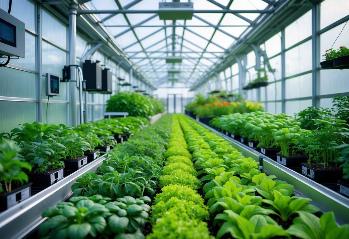23+ Smart Garden Ideas: Practical Tips for Effortless Indoor and Outdoor Green Spaces 9 Interior of a modern automated greenhouse with healthy plants, digital sensors, and automated watering systems.