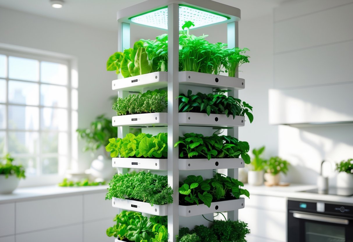 23+ Smart Garden Ideas: Practical Tips for Effortless Indoor and Outdoor Green Spaces 10 Vertical hydroponic tower smart garden with multiple levels of green plants growing indoors in a bright room.