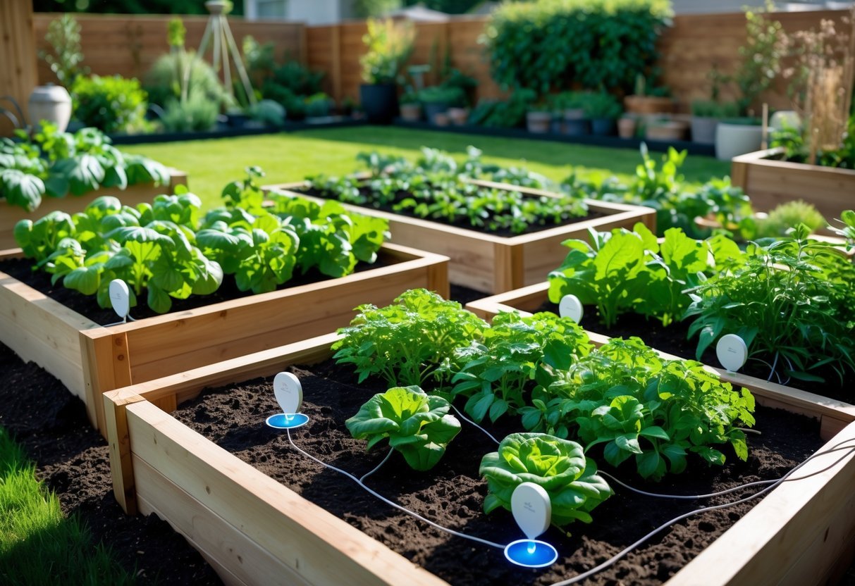 23+ Smart Garden Ideas: Practical Tips for Effortless Indoor and Outdoor Green Spaces 11 Raised wooden garden beds with green plants and small electronic sensors placed in the soil in a backyard garden.
