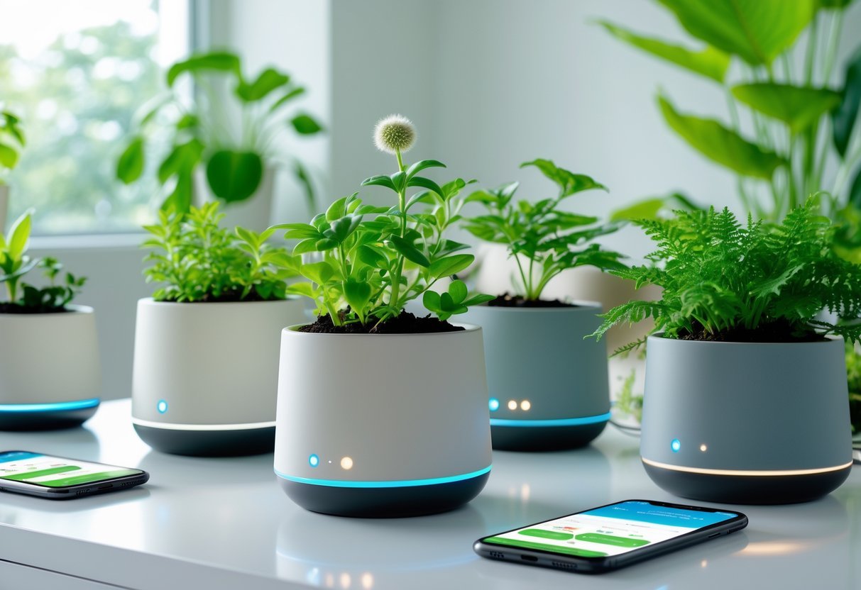 23+ Smart Garden Ideas: Practical Tips for Effortless Indoor and Outdoor Green Spaces 12 A group of modern smart plant pots with green plants on a table in a bright room, showing subtle LED lights indicating Bluetooth connectivity.