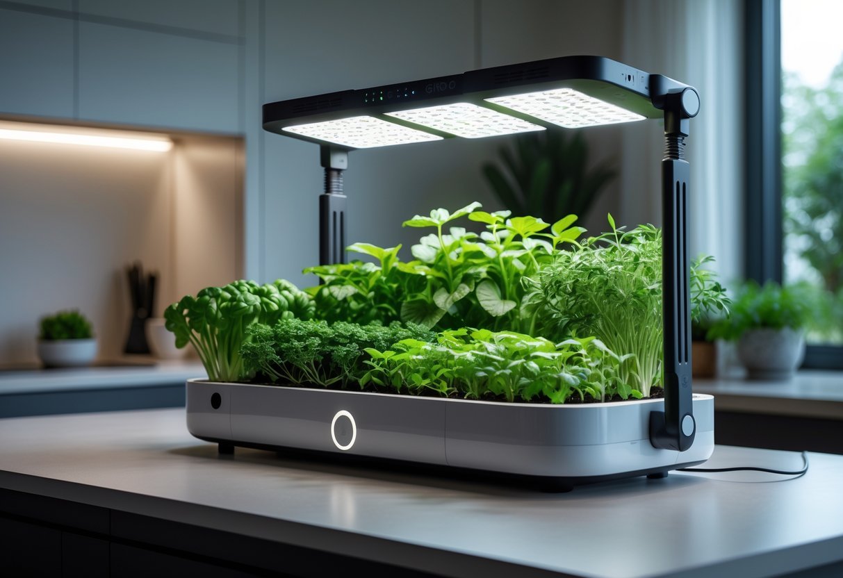23+ Smart Garden Ideas: Practical Tips for Effortless Indoor and Outdoor Green Spaces 13 Indoor smart garden with green plants under bright smart grow lights in a modern home setting.