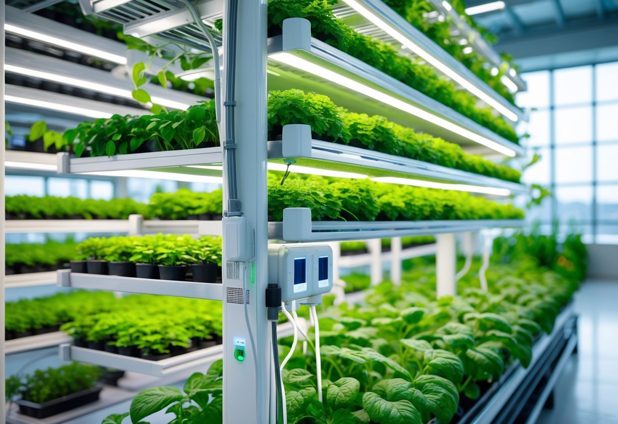 23+ Smart Garden Ideas: Practical Tips for Effortless Indoor and Outdoor Green Spaces 14 Indoor vertical farming system with multiple tiers of green plants growing under LED lights in a clean, well-lit space.