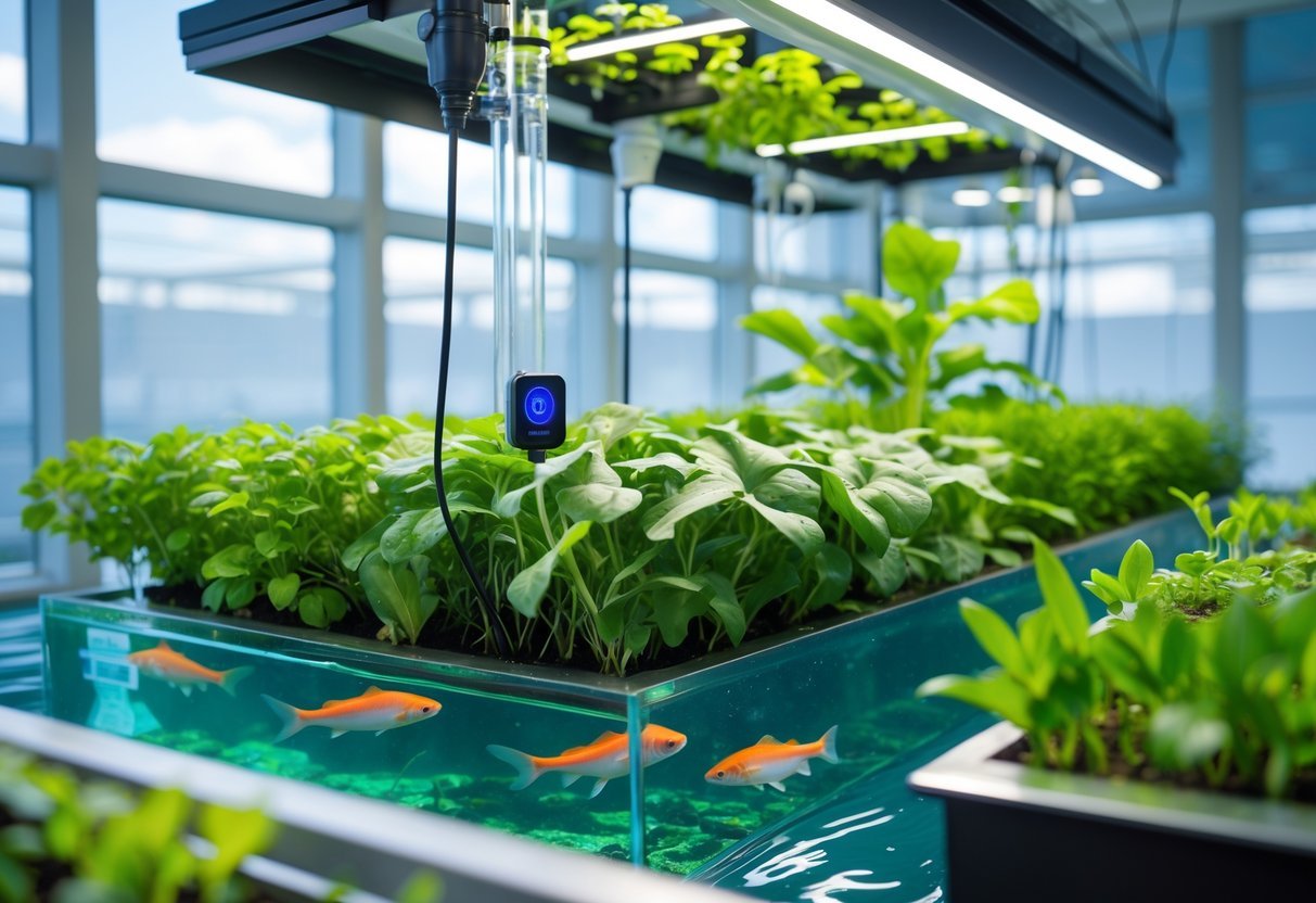 23+ Smart Garden Ideas: Practical Tips for Effortless Indoor and Outdoor Green Spaces 15 An indoor aquaponics garden with fish tanks and green plants growing above, connected by smart irrigation and sensors.