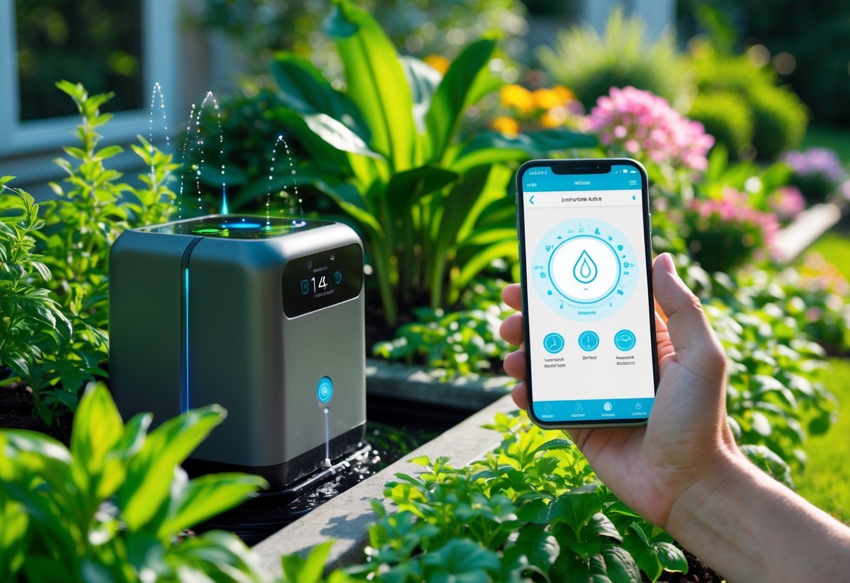 23+ Smart Garden Ideas: Practical Tips for Effortless Indoor and Outdoor Green Spaces 16 A person holding a smartphone controlling a smart garden watering device in a green garden with plants and flowers.