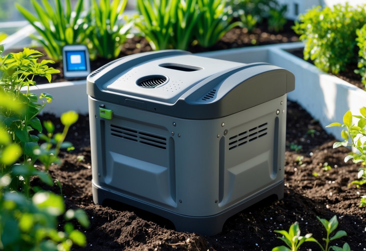 23+ Smart Garden Ideas: Practical Tips for Effortless Indoor and Outdoor Green Spaces 17 A composting bin with moisture control features placed in a garden surrounded by plants and soil.