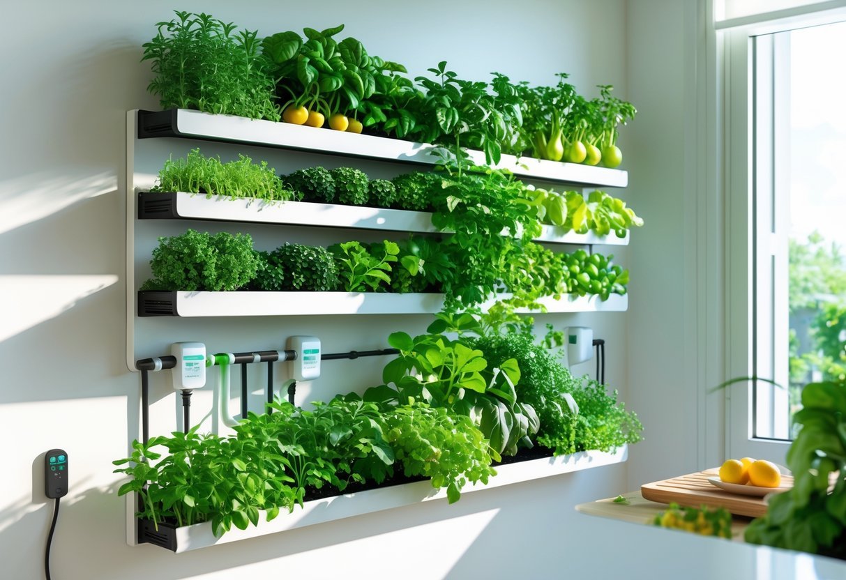 23+ Smart Garden Ideas: Practical Tips for Effortless Indoor and Outdoor Green Spaces 18 Indoor vertical edible wall garden with herbs and vegetables growing in planter boxes on a bright wall in a modern kitchen.