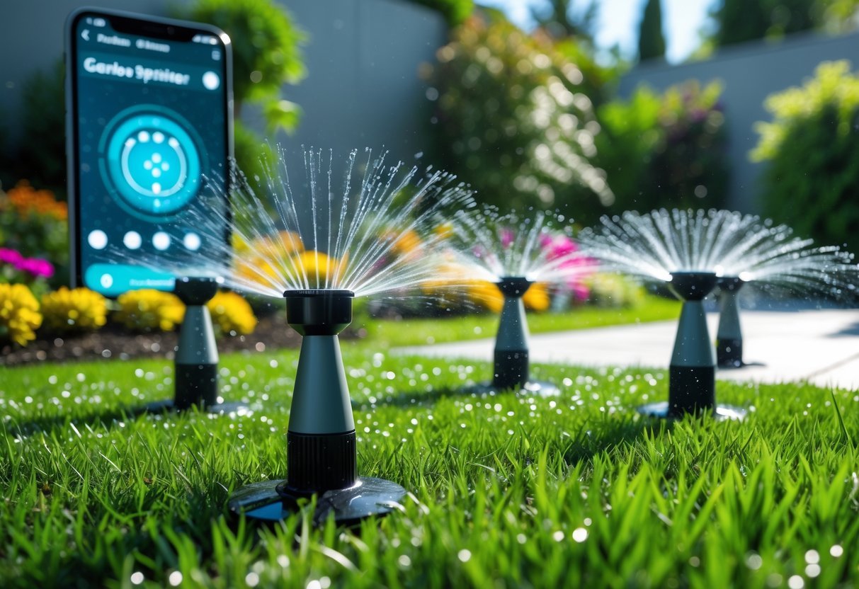 23+ Smart Garden Ideas: Practical Tips for Effortless Indoor and Outdoor Green Spaces 19 A backyard garden with remote-controlled sprinklers watering green grass and flowers, with a smartphone showing the sprinkler controls in the background.
