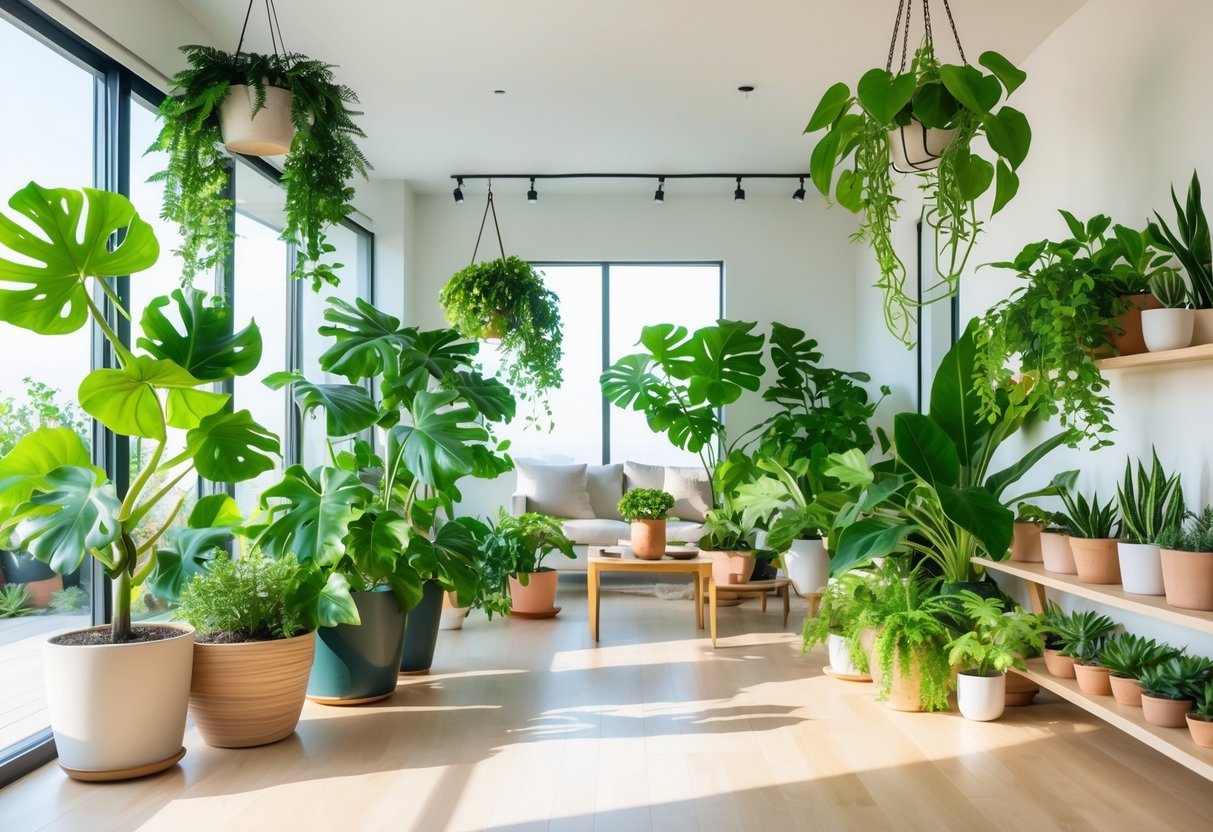 11+ Indoor Garden Ideas: Easy Ways to Transform Your US Home Year-Round 2 A modern living room with various green indoor plants placed on shelves, hanging from the ceiling, and near a large window.