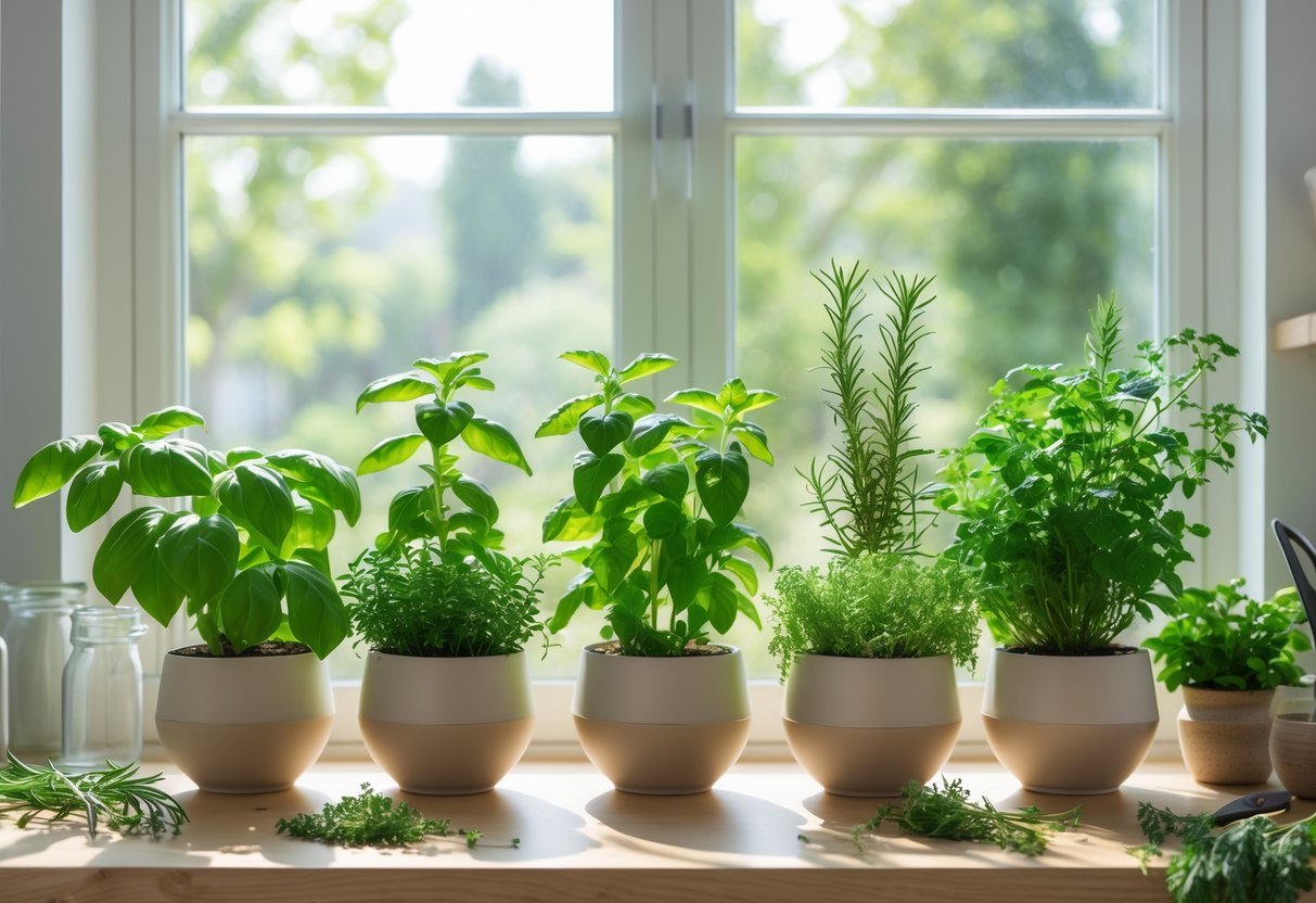 11+ Indoor Garden Ideas: Easy Ways to Transform Your US Home Year-Round 3 Indoor windowsill with various potted herbs growing in ceramic pots in a bright kitchen setting.