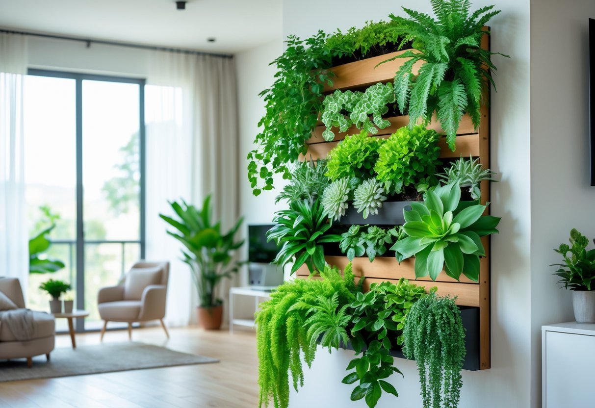 11+ Indoor Garden Ideas: Easy Ways to Transform Your US Home Year-Round 4 Indoor vertical garden with various green plants mounted on a wall in a bright living room.
