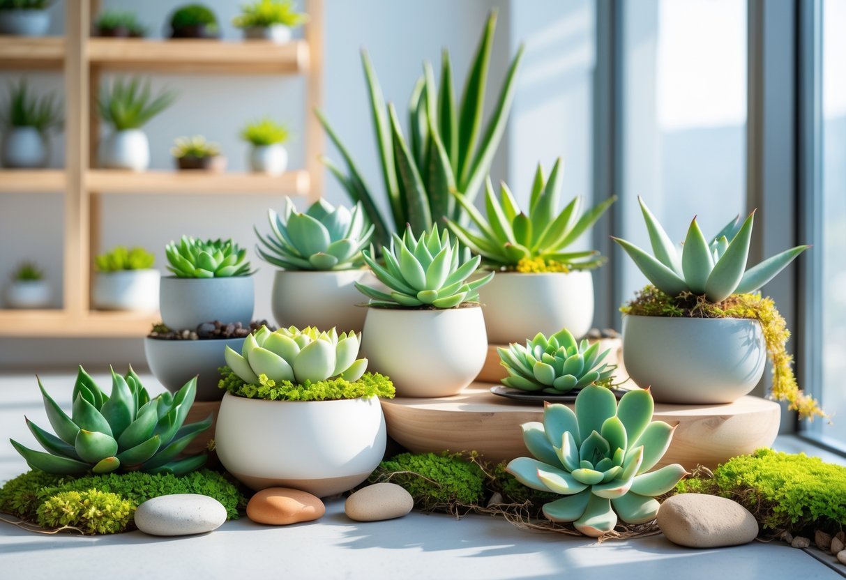 11+ Indoor Garden Ideas: Easy Ways to Transform Your US Home Year-Round 5 Indoor garden with various succulents in pots arranged on shelves and a table near a window with natural light.