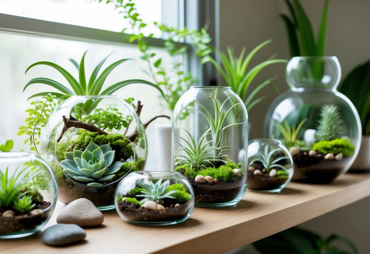 11+ Indoor Garden Ideas: Easy Ways to Transform Your US Home Year-Round 6 Indoor terrarium garden with various glass containers holding green plants arranged on a wooden shelf near a window.